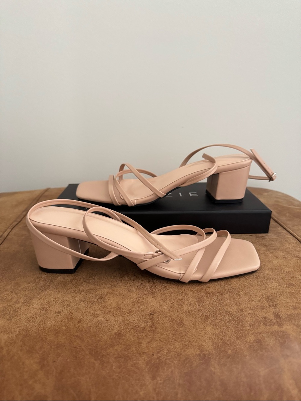 Azazie Women’s Strappy Block Heel Sandals in Nude
